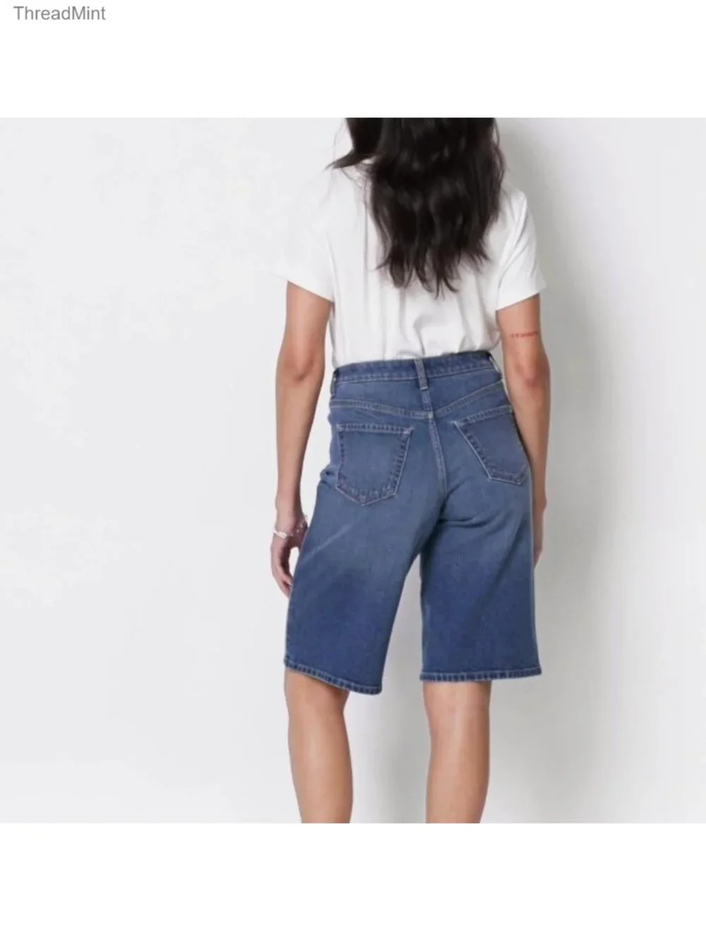 Women's Mid-Rise Relaxed Fit Long Jean Shorts Bermuda Denim 5-Pocket Stretch